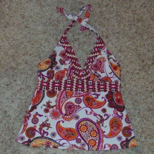 Womens Tankini Swimsuit 10 Orange & White Paisley Halter Padded Swim Top Sonoma